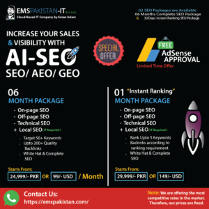 AI SEO Services in Pakistan — SEO, AEO and GEO packages infographic showing EMSPakistan IT's 6-month complete SEO package and 30 Days Instant Ranking SEO package pricing with free AdSense approval offer